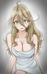  ahoge blonde_hair breasts cleavage collarbone female hair_between_eyes highres large_breasts long_hair_between_eyes looking_at_viewer make_heroine_ga_oo_sugiru! marker_(medium) messy_hair naked_towel open_mouth potekite shikiya_yumeko solo towel traditional_media wavy_hair white_towel yellow_eyes 