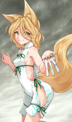  :d animal_ears breasts brown_eyes brown_hair commentary female fox_ears fox_girl fox_shadow_puppet fox_tail from_side green_nails grey_background hair_between_eyes highres holding holding_test_tube huyusilver jumpsuit kudamaki_tsukasa medium_hair parted_lips sideboob small_breasts smile solo symbol-only_commentary tail test_tube touhou white_jumpsuit 