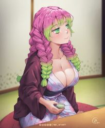  blurry blurry_background breasts choko_(cup) cleavage collarbone cup female gradient_hair green_eyes holding holding_cup huge_breasts japanese_clothes jk_arts kanroji_mitsuri kimetsu_no_yaiba kimono long_hair mole mole_under_each_eye mole_under_eye multicolored_hair multiple_moles pink_hair seiza sitting smile solo twitter_username two-tone_hair 