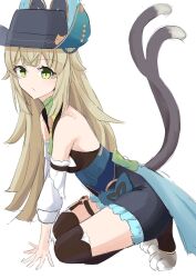  backless_outfit bare_shoulders black_hat blonde_hair cat_tail day_mello detached_sleeves female genshin_impact green_eyes hat highres kirara_(genshin_impact) kirara_(phantom_in_boots)_(genshin_impact) kneeling long_hair long_sleeves looking_at_viewer multiple_tails official_alternate_costume simple_background solo tail thighs two_tails very_long_hair white_background 