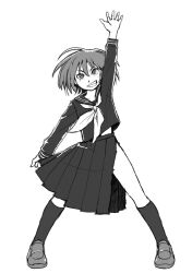  arm_at_side arm_up female full_body greyscale grin hair_between_eyes highres loafers long_sleeves midriff_peek monochrome naotan neckerchief original pleated_skirt school_uniform serafuku shoes short_hair side_slit simple_background skirt smile socks solo white_background 