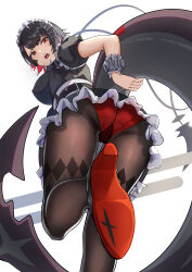  absurdres ass ass_focus black_dress black_hair black_pantyhose breasts commentary d: dress ellen_joe female fins fish_tail foot_out_of_frame gusset high_heels highres large_breasts looking_at_viewer maid_headdress open_mouth panties panties_over_pantyhose pantyhose red_eyes red_panties shark_tail short_hair simple_background solo standing standing_on_one_leg tail underwear white_background yami_anko zenless_zone_zero 