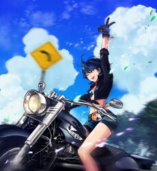  absurdres belt bikini black_bikini black_survival blue_eyes blue_hair breasts cleavage cropped_jacket cutoffs dark_blue_hair eternal_return:_black_survival female full_body gloves hair_between_eyes highres jacket jewelry leather leather_gloves midriff motor_vehicle motorcycle navel official_alternate_costume official_art one_touch open_clothes open_jacket short_hair short_shorts shorts silvia_piquet smile solo standing swimsuit white_background 