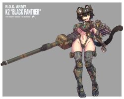  armored_boots armored_gloves ass_visible_through_thighs bincan black_hair boots breasts camouflage camouflage_leotard cannon cleavage_cutout clenched_hand clothing_cutout english_text female green_eyes hair_between_eyes headgear highleg highleg_leotard highres k2_black_panther large_breasts leotard mecha_musume military navel navel_cutout open_mouth original panther_ears panther_tail personification revealing_clothes short_hair skin_tight smokestack stomach teeth thighhighs underboob upper_teeth_only 