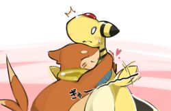  ambiguous_gender ampharos blush buizel dashing_wanderer_ampharos duo feral generation_2_pokemon generation_4_pokemon heart_symbol hug japanese_text love marine_explorer_buizel nintendo pink_background pokemon pokemon_(species) pokemon_mystery_dungeon simple_background smile spike_chunsoft surprise text white_background yatosuke 