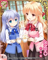  2girls blonde_hair blue_eyes blue_hair breasts character_name clapping cosplay crossover cup girlfriend_(kari) gochuumon_wa_usagi_desu_ka? hair_ornament hairclip high_five kafuu_chino latte_art long_hair looking_at_another medium_breasts multiple_girls official_art qp:flapper rabbit_house_uniform ribbon sasahara_nonoka small_breasts window 