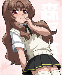  bioroid_hei brown_hair commentary_request female flat_chest long_hair morino_ichigo onegai_teacher red_eyes school_uniform skirt solo thighhighs wavy_hair 