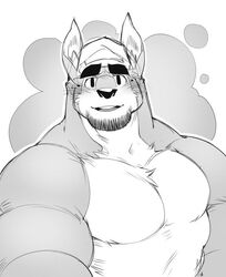  2015 anthro baker_(kokuhane) biceps big_muscles canid canine canis domestic_dog drunk facial_hair fur kokukokuboo looking_at_viewer male mammal monochrome muscular muscular_anthro muscular_male pecs solo substance_intoxication 