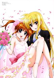  2girls blonde_hair blush couple fate_testarossa happy long_hair lyrical_nanoha mahou_shoujo_lyrical_nanoha mahou_shoujo_lyrical_nanoha_a&rsquo;s multiple_girls official_art orane_hair princess_carry short_hair smile takamachi_nanoha tuxedo twintails wedding wedding_band wedding_dress wedding_ring yuri 