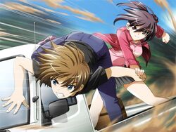  1boy blue_eyes brown_eyes brown_hair car female game_cg hair_ornament isurugi_chie katakura_shinji kira_kira maejima_shikanosuke motor_vehicle short_hair vehicle 