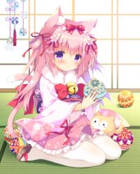  animal animal_ears azur_lane bad_id bad_pixiv_id ball bell blush bow brown_footwear canine cat_ears cat_girl cat_tail cherry_blossoms closed_mouth commentary female flower frilled_skirt frills full_body fur_collar hair_between_eyes hair_flower hair_ornament hair_ribbon holding holding_ball indoors japanese_clothes jingle_bell kimono kisaragi_(azur_lane) kisaragi_(new_year&#039;s_wish)_(azur_lane) long_hair long_sleeves looking_at_viewer obi official_alternate_costume pantyhose pink_flower pink_hair pink_skirt purinpurin purple_eyes red_bow red_ribbon ribbon sandals sash seiza short_kimono sitting skirt smile solo tail tatami temari_ball white_kimono white_pantyhose wide_sleeves zouri 