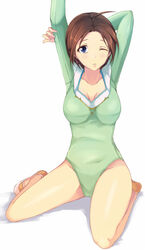  bad_id bad_pixiv_id blue_eyes breasts brown_hair character_request copyright_request female full_body green_leotard kalian leotard medium_breasts one_eye_closed short_hair simple_background sitting solo stretching wariza white_background 