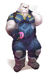  anthro bear clothed clothing dessert doughnut embarrassed food fully_clothed hi_res istani male mammal musclegut muscular muscular_male overweight overweight_anthro overweight_male pastry polar_bear police simple_background solo uniform ursine white_background 