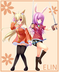  ahoge animal_ears bare_shoulders black_footwear black_legwear blonde_hair blush boots breasts bunny_ears closed_mouth collarbone dog_ears dual_wielding elin_(tera) eyebrows_visible_through_hair highres holding holding_sword holding_weapon knee_boots large_breasts long_hair looking_at_viewer looking_away multiple_girls open_mouth psyche3313 purple_eyes purple_hair red_eyes smile sword tera_online thighhighs weapon 