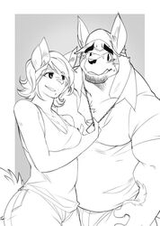  2015 anthro baker_(kokuhane) baseball_cap biceps big_muscles border canid canine canis clothed clothing dog_tags domestic_dog duo female fully_clothed fur greyscale hat headgear headwear kokukokuboo male mammal monochrome muscular muscular_male romantic romantic_couple white_border 