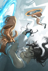  aperture_science_handheld_portal_device brown_hair chell commentary english_commentary female jumpsuit kuroi-tsuki long_fall_boots long_hair md5_mismatch photoshop_(medium) ponytail portal_(series) portal_2 solo tank_top 