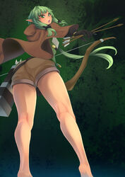  arrow_(projectile) ass atatatamu bare_legs black_bow black_gloves bow bow_(weapon) brown_shorts cloak commentary_request elf feet female from_below gloves goblin_slayer! green_eyes green_hair hair_ribbon high_elf_archer_(goblin_slayer!) kneepits legs looking_back open_mouth pointy_ears ribbon shorts sidelocks solo standing tress_ribbon weapon 