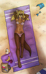  5:8 anthro banana beach bikini biped bird&#039;s-eye_view blonde_hair bra breasts bulge closed_eyes clothing detailed_background digital_media_(artwork) domestic_ferret food fruit grape gynomorph hair hi_res high-angle_view hybrid intersex keisha_makainn lotion lying mammal midriff mustelid musteline navel on_towel otter outside panties piper_(dontmasticate) plant relaxing sand seaside shaded small_breasts soft_shading solo sunbathing surfboard swimwear tattoo towel true_musteline twintails under_shade underwear vehicle watercraft weasel 