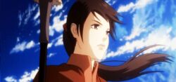  animated animated barusa blue_sky brown_hair female polearm seirei_no_moribito sky solo spear weapon wind 