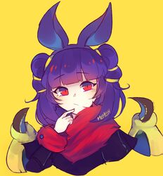  :/ absurdres animal_ears artist_name bat_ears closed_mouth commentary dragon_wings fake_animal_ears female fire_emblem fire_emblem:_the_sacred_stones fire_emblem_heroes fur_trim halloween halloween_costume highres long_sleeves memeh multi-tied_hair myrrh_(fire_emblem) myrrh_(halloween)_(fire_emblem) purple_hair red_eyes simple_background solo twintails wings yellow_background 