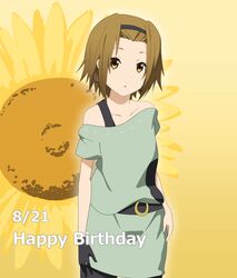  black_pantyhose brown_eyes brown_hair casual commentary_request female flower hairband k-on! listen!! pantyhose shizupu short_hair solo sunflower tainaka_ritsu 