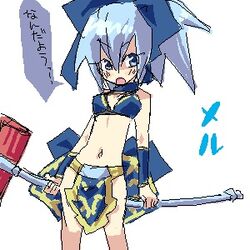  artist_request bow female hammer lowres meru_(dragoon) navel ribbon silver_hair the_legend_of_dragoon weapon wingly 