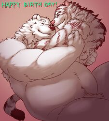  anthro bear birthday cuddling duo eyewear felid fur glasses istani male mammal musclegut muscular muscular_male nude obese obese_male overweight overweight_male pantherine polar_bear pubes simple_background tiger ursine white_body white_fur 