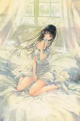  absurdres barefoot bed bed_sheet black_hair blush breasts curtains dress female flower flowers_(innocent_grey) frills highres long_hair long_legs medium_breasts pillow shirahane_suou sitting socks solo sugina_miki wariza 