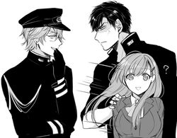  2boys ? admiral_(kancolle) admiral_arisugawa admiral_shinonome_harutora bad_id bad_link bad_twitter_id commentary_request female greyscale kantai_collection long_hair military military_uniform monochrome multiple_boys nagomi_(mokatitk) suzuya_(kancolle) uniform 