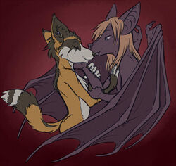  2015 anthro bat biobatz canid canine closed_eyes dhole duo ear_piercing hair kissing long_hair male male/male mammal membrane_(anatomy) membranous_wings nose_kissing nude piercing unimpressive_(artist) wings yayako_desdemona 