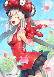  ;d artist_name bare_shoulders blue_eyes commentary_request day fate/grand_order fate_(series) female field flower flower_field foreshortening gloves grey_hair hat highres long_hair looking_at_viewer marie_antoinette_(fate) one_eye_closed open_mouth outdoors pleated_skirt raito_(latek) skirt smile solo twintails very_long_hair 