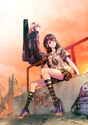  2girls absurdres alternate_costume arm_support backpack bag bike_shorts black_hair black_sweater blue_eyes bottle breasts buckle bullet_hole camouflage camouflage_skirt cityscape closed_mouth cloud collarbone commentary_request crack dated evening expressionless eyepatch girls&#039;_frontline graffiti guitar_case hair_between_eyes hair_ornament handprint headphones headphones_around_neck highres hood hooded_sweater instrument_case long_hair looking_at_another looking_away looking_back m16a1_(girls&#039;_frontline) m4a1_(girls&#039;_frontline) medium_breasts multicolored_hair multiple_girls on_railing one_side_up orange_sky parted_lips photoshop_(medium) pink_hair pleated_skirt railing red_eyes ruins scar scar_across_eye scar_on_face shirt shoe_print shoes shorts shorts_under_skirt sidelocks signature sitting skirt sky sneakers socks st_ar-15_(girls&#039;_frontline) strap streaked_hair striped_clothes striped_socks stuffed_toy sweater thighhighs thighs vest wangling_mk_san white_legwear 