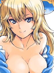  awilda_(p&amp;d) bare_shoulders blonde_hair blue_eyes breasts cleavage collarbone commentary_request female hat ishiyumi large_breasts mole mole_under_eye puzzle_&amp;_dragons smile solo 