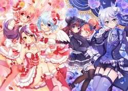  1boy 5girls :&lt; :3 :o :q ;3 ;d ^_^ argyle_background argyle_clothes argyle_legwear arm_warmers arms_around_neck arms_up bare_arms bare_shoulders bat_wings bead_necklace beads black_dress black_jacket black_legwear black_ribbon black_shorts blue_eyes blue_flower blue_hair blue_legwear blue_ribbon blue_rose blush boots bow braid breasts brother_and_sister brown_footwear brown_hair buttons center_frills cleavage closed_eyes closed_mouth collarbone commentary_request corset demon_horns demon_tail dorothy_west dress feather_hair_ornament feathers floating_hair flower french_braid frilled_dress frills fur-trimmed_boots fur_trim garter_straps gloves green_eyes grey_hair hair_between_eyes hair_flower hair_ornament hair_ribbon hair_scrunchie hand_up hands_up high_heel_boots high_heels high_ponytail high_side_ponytail horn_ornament horn_ribbon horns hug jacket jewelry knee_boots kurosu_aroma loafers long_hair long_sleeves looking_at_viewer medium_breasts mitsuba_choco mole mole_under_eye multiple_girls necklace oerba_yun_fang one_eye_closed open_clothes open_jacket open_mouth otoko_no_ko parted_bangs petals photoshop_(medium) pink_dress pink_eyes pink_flower pink_footwear pink_hair pink_legwear pink_rose ponytail pretty_series pripara purple_flower purple_hair purple_rose red_bow red_flower red_hair red_ribbon red_rose reona_west ribbon rose rose_petals scrunchie shikyoin_hibiki shiny_clothes shiratama_mikan shoes short_hair shorts siblings side_ponytail smile standing strapless strapless_dress striped_clothes striped_dress striped_ribbon swept_bangs tail tassel thighhighs tongue tongue_out toudou_shion twins white_feathers white_gloves white_ribbon white_wings wings wrist_scrunchie yellow_eyes yellow_flower yellow_rose 