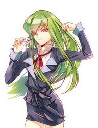  c.c. code_geass commentary_request female formal glasses green_hair holding holding_removed_eyewear long_hair long_sleeves looking_at_viewer meimi_k pencil_skirt simple_background skirt skirt_suit smile solo suit unworn_eyewear white_background yellow_eyes 