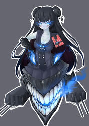  abyssal_ship aqua_eyes blue_eyes blush box breasts claws cleavage commentary_request double_bun duplicate eyebrows female gift gift_box glowing glowing_eyes gothic_lolita hair_bun hand_on_own_hip highres kantai_collection kuronekozero large_breasts light_cruiser_oni lolita_fashion long_hair looking_at_viewer pale_skin photoshop_(medium) pixel-perfect_duplicate skirt solo teeth very_long_hair 