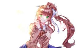  bad_id bad_pixiv_id blue_skirt blush bow breasts brown_hair commentary_request doki_doki_literature_club female green_eyes hair_ribbon hairbow hand_up long_hair looking_at_viewer monika_(doki_doki_literature_club) orange_sweater_vest ponytail ribbon ronpu_cooing school_uniform shirt simple_background skirt smile solo sweater_vest v-neck very_long_hair white_ribbon 