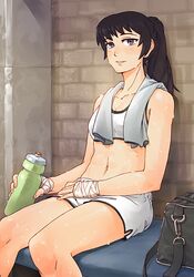  abs bag black_hair blush bottle breasts duffel_bag female hand_wraps ishido_natsuo long_hair midriff mixed_martial_arts navel orz_(orz57) ponytail shorts sitting small_breasts smile solo sports_bra sweat teppu towel towel_around_neck water_bottle white_shorts 