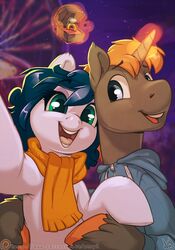  2018 amusement_ride atryl blue_clothing blue_eyes blue_hair brown_body brown_fur carnival_(disambiguation) clothed clothed_feral clothing depth_of_field detailed_background digit_ring digital_media_(artwork) duo earth_pony engagement_ring equid equine eyebrow_through_hair eyebrows fan_character female feral ferris_wheel front_view fur glowing glowing_horn green_eyes hair happy hasbro hoodie hooves horn horse hug jewelry long_hair looking_at_viewer magic male male/female mammal my_little_pony mythological_creature mythological_equine mythology night open_mouth orange_hair orange_hooves outside patreon pink_tongue pony proposal ring scarf selfie signature sky smile star starry_sky teeth text tongue topwear translucent translucent_hair unicorn unicorn_horn url white_body white_fur 