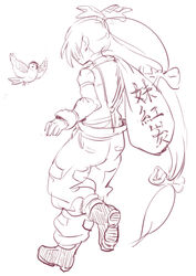  absurdres bad_id bad_pixiv_id bird carrying eurasian_tree_sparrow female from_behind fujiwara_no_mokou highres kurohane long_hair monochrome night_sparrow_love ponytail sack solo sparrow touhou walking 