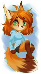  4_toes aimi anthro autumn_(praexon) brown_hair brown_nose canid canine chibi clothed clothing digital_media_(artwork) eyelashes feet female fox green_eyes hair hi_res hoodie long_ears looking_at_viewer mammal shaded simple_background smile solo sweater toes topwear 