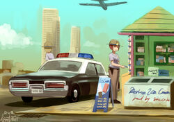  2013 2girls airplane blonde_hair building california_highway_patrol campaign_hat car city cloud dated dodge dodge_monaco error female gun ice_cream_stand kanokoga motor_vehicle multiple_girls original police police_car police_uniform red_hair road short_hair signature skyscraper uniform vehicle weapon 