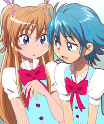  2girls aria_gakuen_school_uniform blue_eyes blue_hair bow brown_hair commentary_request eyelashes houjou_hibiki long_hair multiple_girls nishijima_waon oimanji pink_bow precure school_uniform short_hair suite_precure two_side_up 