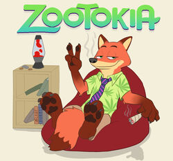  2015 3_toes anthro barefoot bean_bag biped book canid canine claws clothed clothing countershading disney drugs feet fox gesture half-closed_eyes hand_gesture hindpaw lamp lava_lamp leafdog looking_at_viewer male mammal marijuana narrowed_eyes necktie nick_wilde pawpads paws red_fox simple_background sitting smile smoke smoking soles solo stoned substance_intoxication text toe_claws toes true_fox v_sign white_background zootopia 