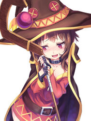  bad_id bad_pixiv_id belt blush breasts brown_hair cape cleavage collar commentary dress embarrassed female fingerless_gloves gloves hat holding holding_staff kono_subarashii_sekai_ni_shukufuku_wo! long_sleeves looking_away loup megumin open_mouth red_eyes short_dress short_hair small_breasts solo staff white_background witch_hat 