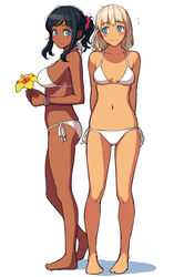  2girls arms_behind_back bad_feet barefoot bikini black_hair blonde_hair blue_eyes blush_stickers braid collarbone dark-skinned_female dark_skin flower flying_sweatdrops full_body hibiscus holding holding_flower homunculus_(alchemynote) multiple_girls navel original photoshop_(medium) ponytail scrunchie side-tie_bikini_bottom side_braid single_braid smile standing swimsuit wavy_mouth white_background white_bikini wristband 