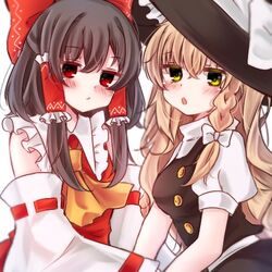  2girls :o annoyed ascot bare_shoulders black_hair blonde_hair blouse blush bow braid breasts buttons commentary green_eyes hair_tubes hairbow hakurei_reimu hat hat_bow holding_hands jitome kirisame_marisa large_bow long_hair looking_at_viewer medium_breasts multiple_girls puffy_short_sleeves puffy_sleeves red_eyes ribbon-trimmed_sleeves ribbon_trim shimashiro_itsuki shirt short_sleeves side_braid single_braid skirt skirt_set straight_hair touhou wavy_hair witch_hat yellow_ascot 