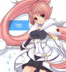  artist_name blue_eyes commentary_request female long_hair miriry phantasy_star phantasy_star_online_2 pink_hair pointy_ears ponytail smile solo staff very_long_hair wiola_magica 