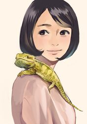  bad_id bad_twitter_id bearded_dragon black_eyes black_hair female furoshiki_(artist) lizard original reptile self-portrait short_hair smile solo 