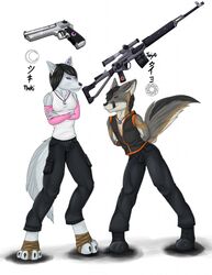  2016 4_toes anthro bandage black_hair black_tail brown_body brown_fur brown_tail canid canine canis clothing desert_eagle duo feet female fox fur grey_body grey_fur grey_tail gun hair handgun hi_res howlfeiwolf jewelry male mammal model_sheet multicolored_tail necklace no_sclera pink_eyes pistol purple_eyes ranged_weapon red_eyes regalia rifle scope simple_background sniper_rifle standing tail taiyo toes tsuki watermark weapon white_background white_body white_fur wolf 